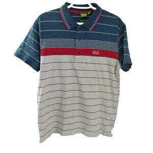 Boss Hugo Boss Men's Short Sleeve Blue Striped Polo Shirt Slim Fit Size L